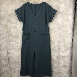 Women’s Slate Colored Jumpsuit, Wide Cropped Legs, Tortoiseshell Style Buttons S